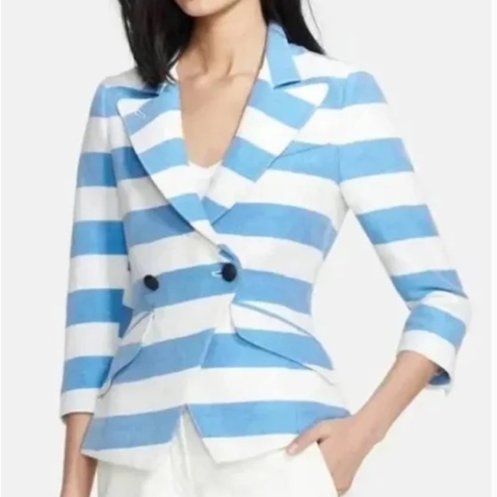 Smythe Linen/Cotton Blend White and Blue Stripe Nautical Blazer - Size 8